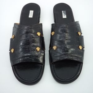 Mauri Genuine Alligator Made In Italy Black Gold Emblem Vented Sandals Slip  20